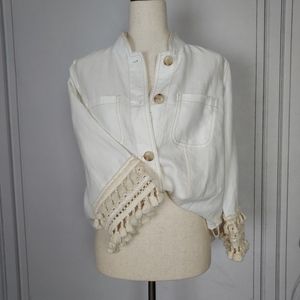 Chico's Linen Cotton Boho Crochet Tassel 3/4 Sleeve Jacket Blazer Sz M/8 White